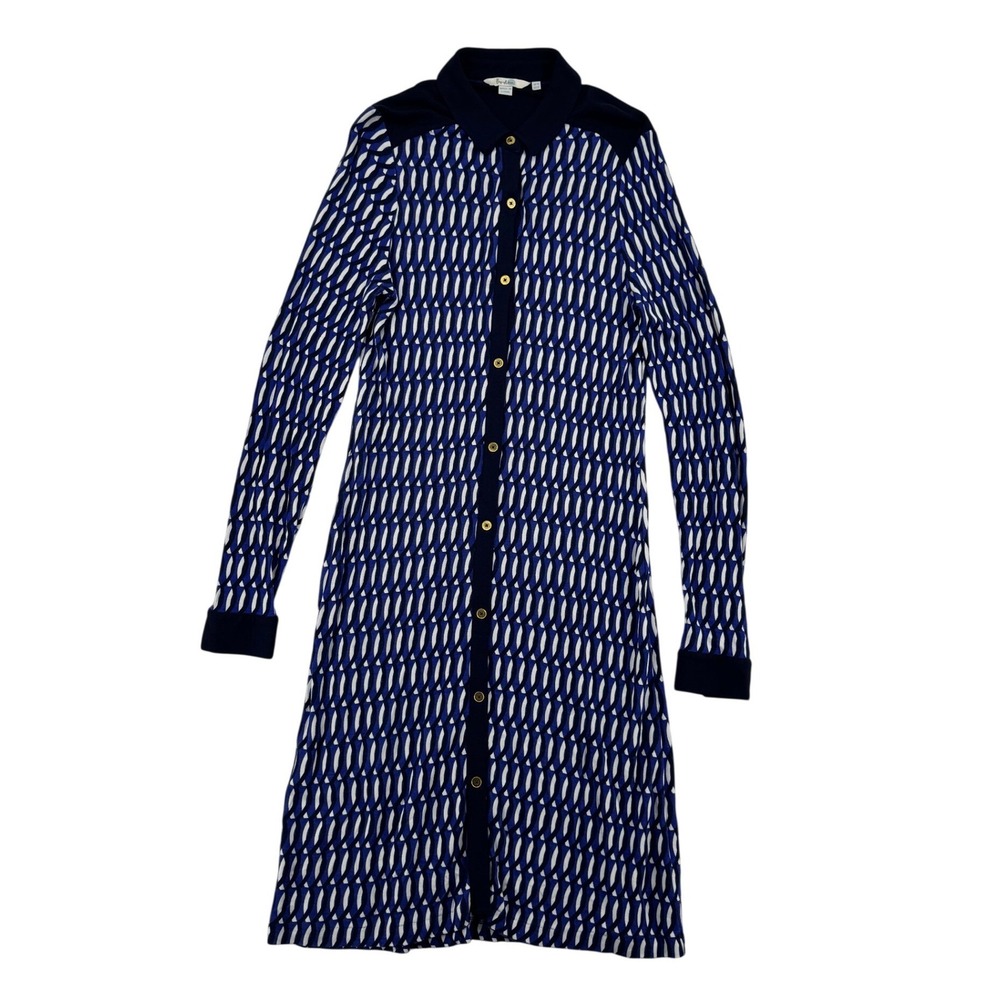 Boden Lottie Shirt Midi Dress Women 12 Navy White Geometric Long Sleeve Dress